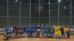Before officiating his final TPBA House League Game, players and coaches from the 18U Varsity Division Monarchs, Stars, Crawfords and Homesteads gathered together at home plate for a commemorative group photo and to thank Peter for his thirty years of service as a volunteer umpire for the TPBA program at Dominico Field at Christie Pits (a.k.a. Diamond 1).