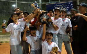 The jubilant Marlins hoist the TPBA House League Baseball 13U Peewee Division Tournament Championship Trophy.